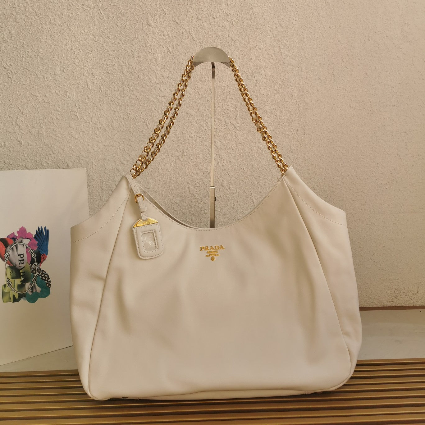 PRADA CHAIN TOTE 39 SOFT WHITE CALFSKIN