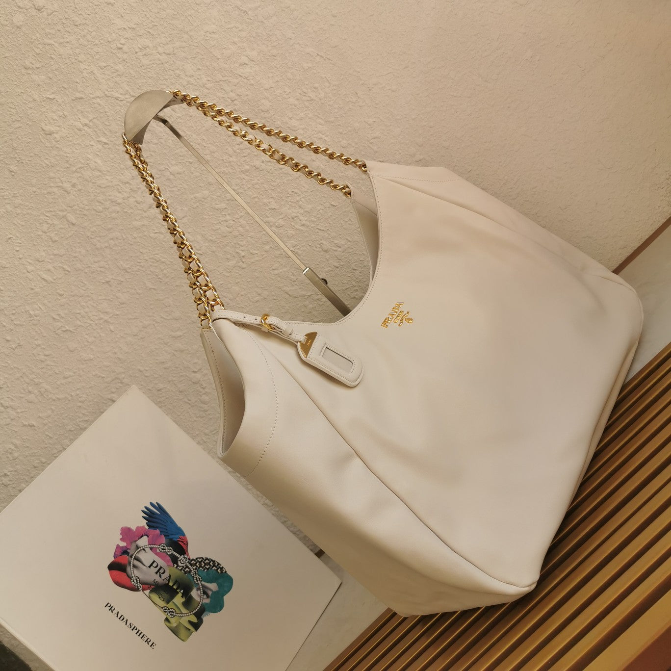 PRADA CHAIN TOTE 39 SOFT WHITE CALFSKIN