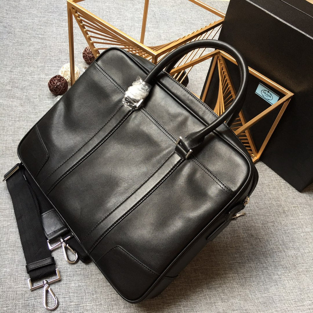 PRADA EMBOSSED LOGO BRIEFCASE 38 IN BLACK SMOOTH CALFSKIN