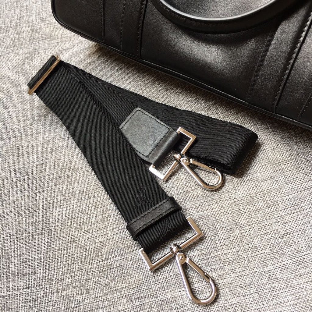 PRADA EMBOSSED LOGO BRIEFCASE 38 IN BLACK SMOOTH CALFSKIN