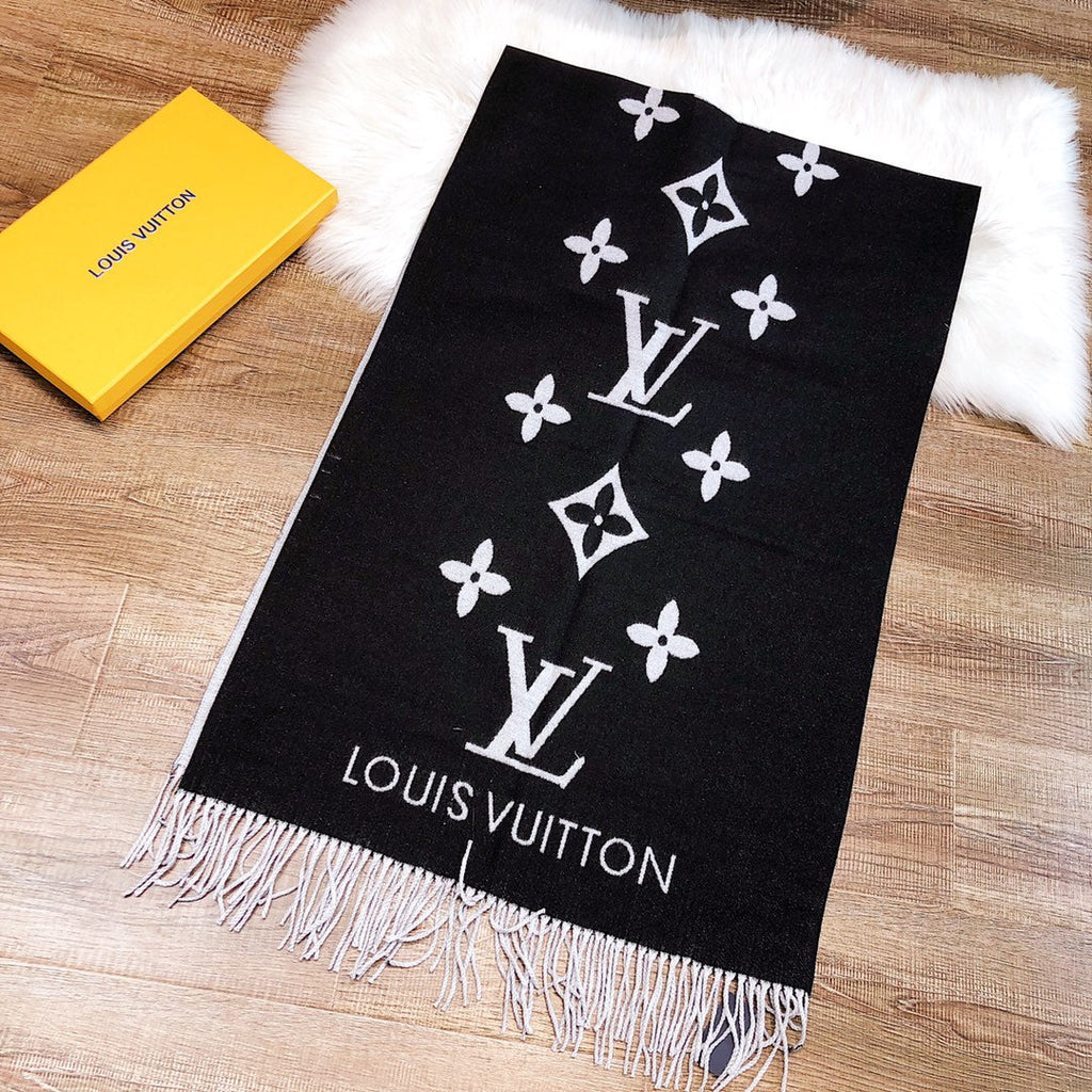 LOUIS VUITTON REYKJAVIK SCARF 180 CM IN BLACK MIX WHITE CASHMERE 392870