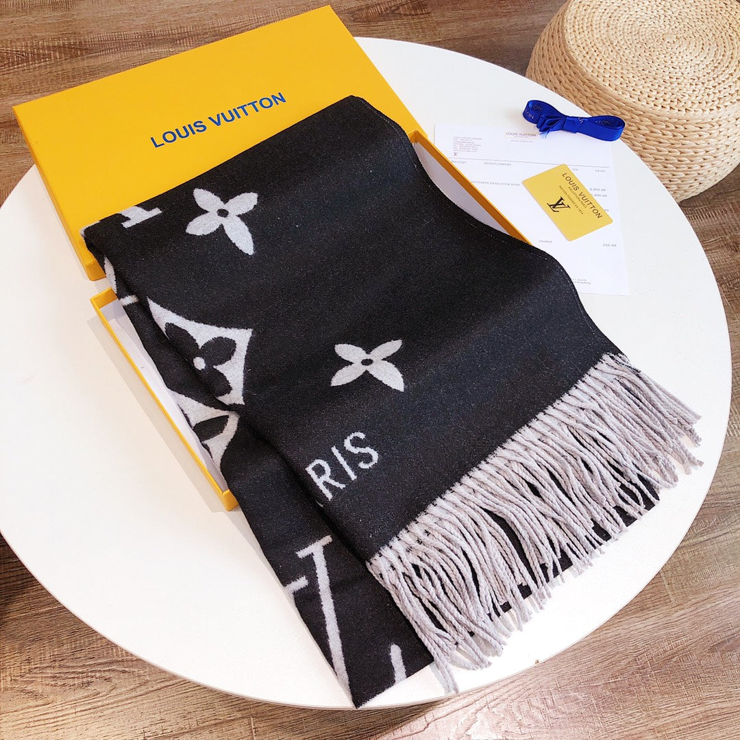 LOUIS VUITTON REYKJAVIK SCARF 180 CM IN BLACK MIX WHITE CASHMERE 392870