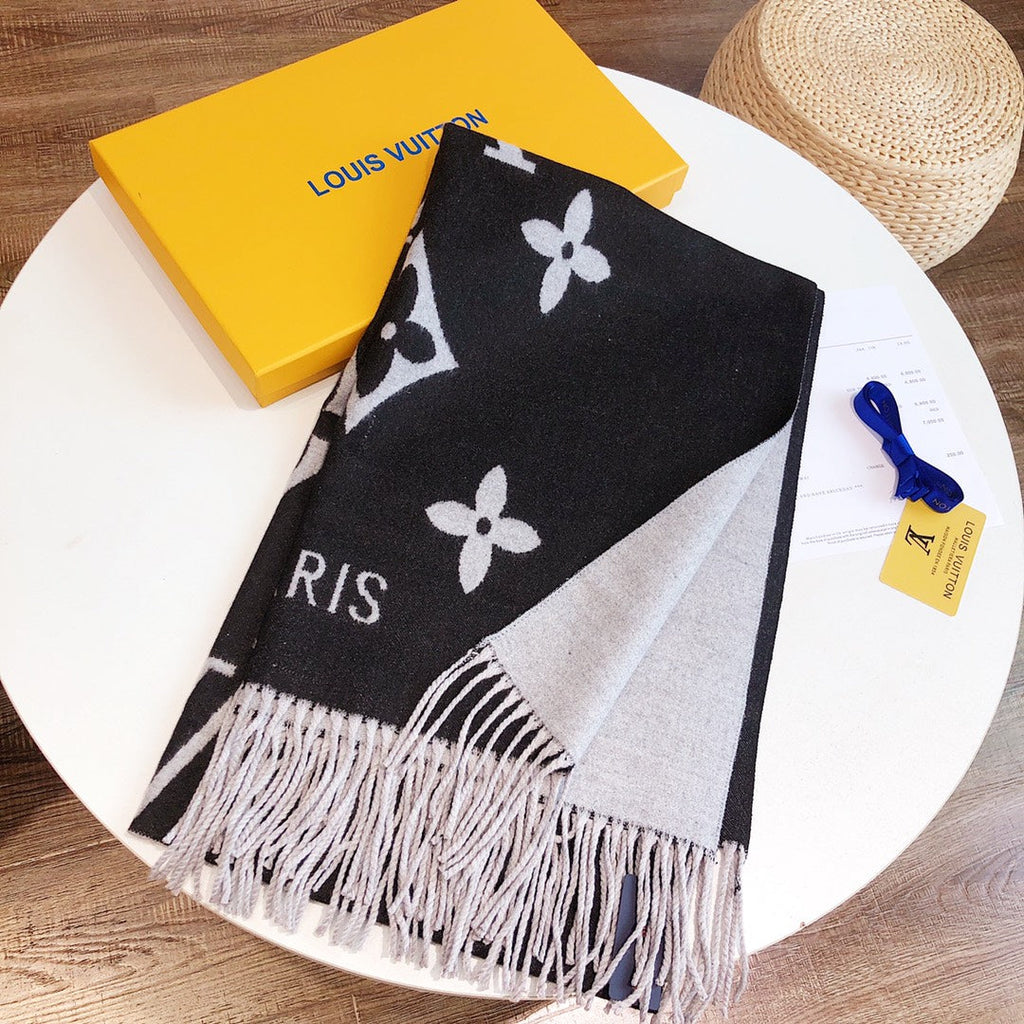 LOUIS VUITTON REYKJAVIK SCARF 180 CM IN BLACK MIX WHITE CASHMERE 392870