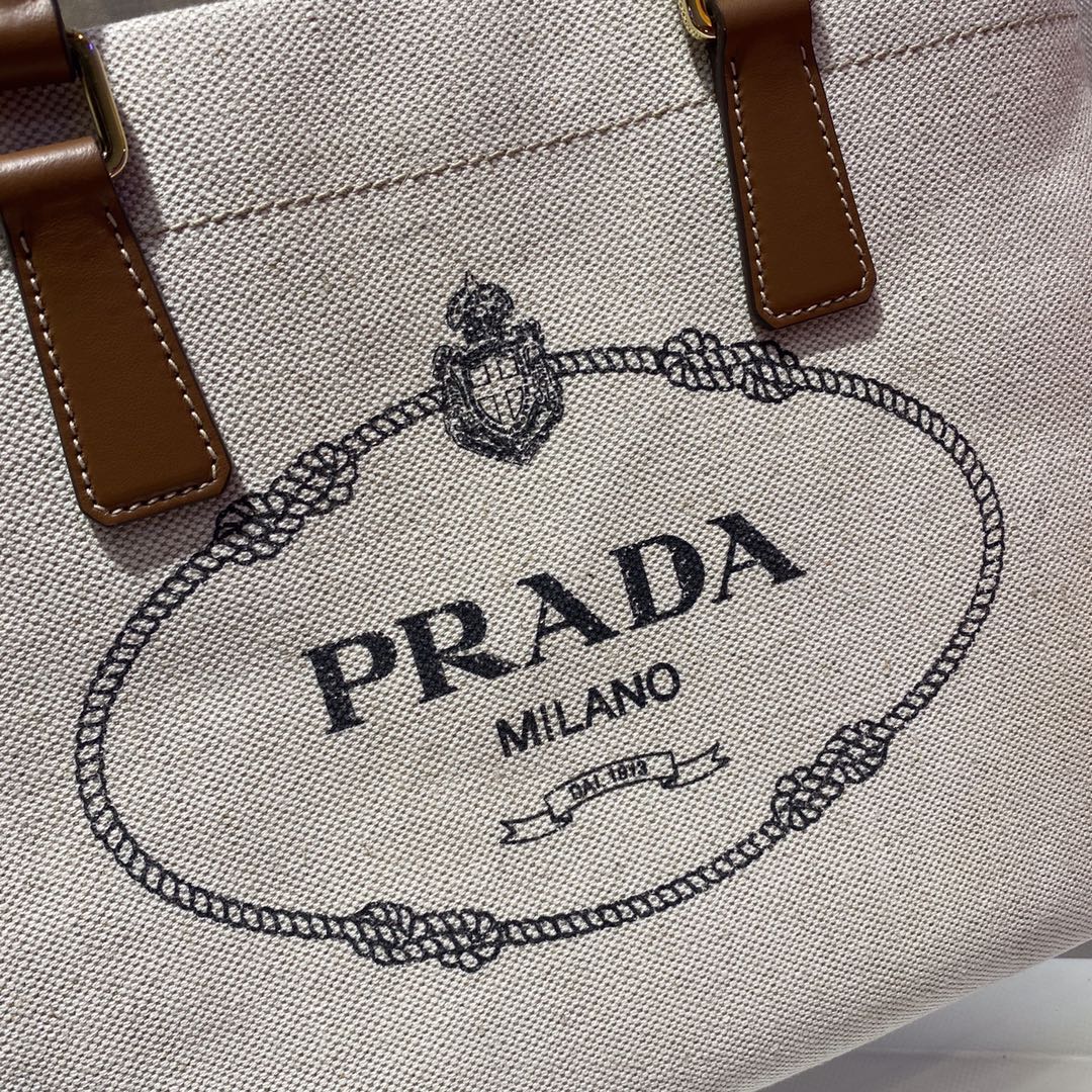 PRADA TOTE BAG 33 IN WHITE CANVAS AND BROWN CALFSKIN HANDLE