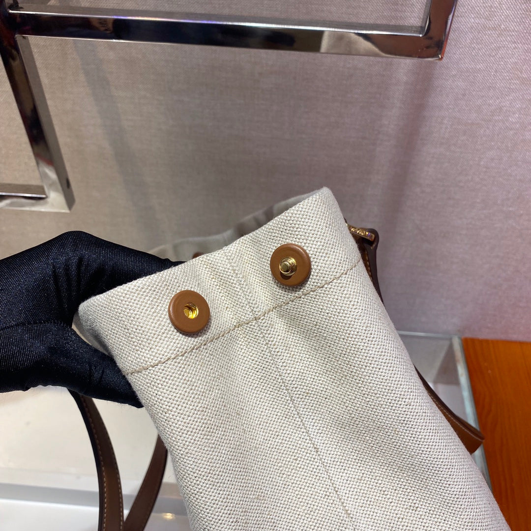 PRADA TOTE BAG 33 IN WHITE CANVAS AND BROWN CALFSKIN HANDLE