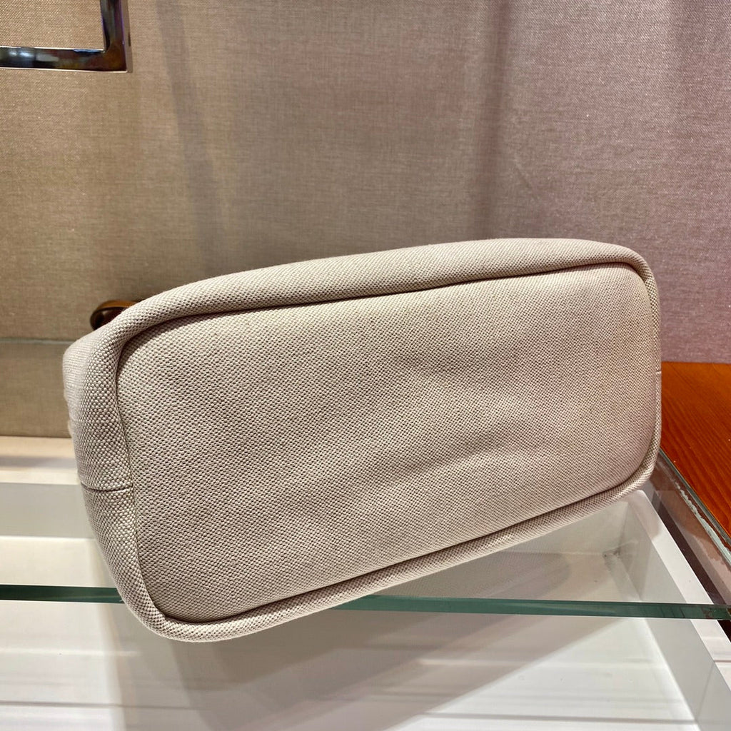 PRADA TOTE BAG 33 IN WHITE CANVAS AND BROWN CALFSKIN HANDLE