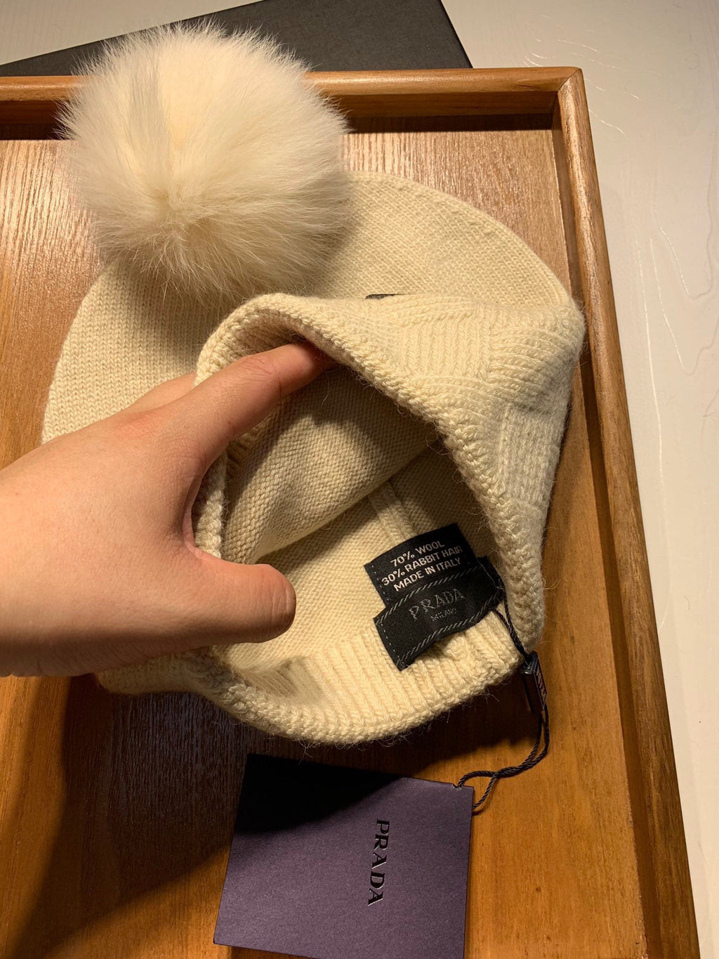PRADA BEANIE HAT IN BISQUE BEIGE WOOL AND RABBIT FUR 361433