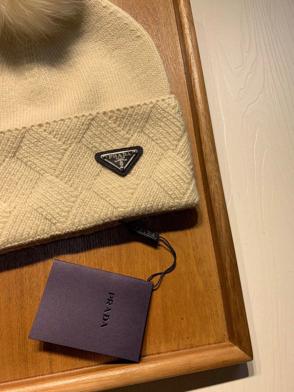 PRADA BEANIE HAT IN BISQUE BEIGE WOOL AND RABBIT FUR 361433