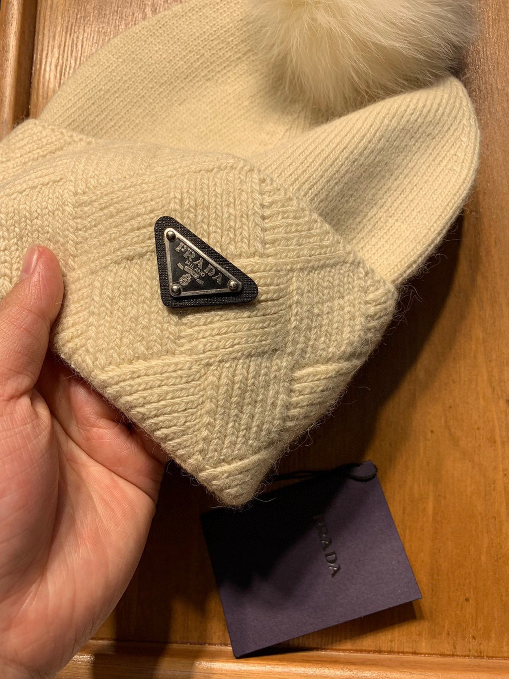 PRADA BEANIE HAT IN BISQUE BEIGE WOOL AND RABBIT FUR 361433