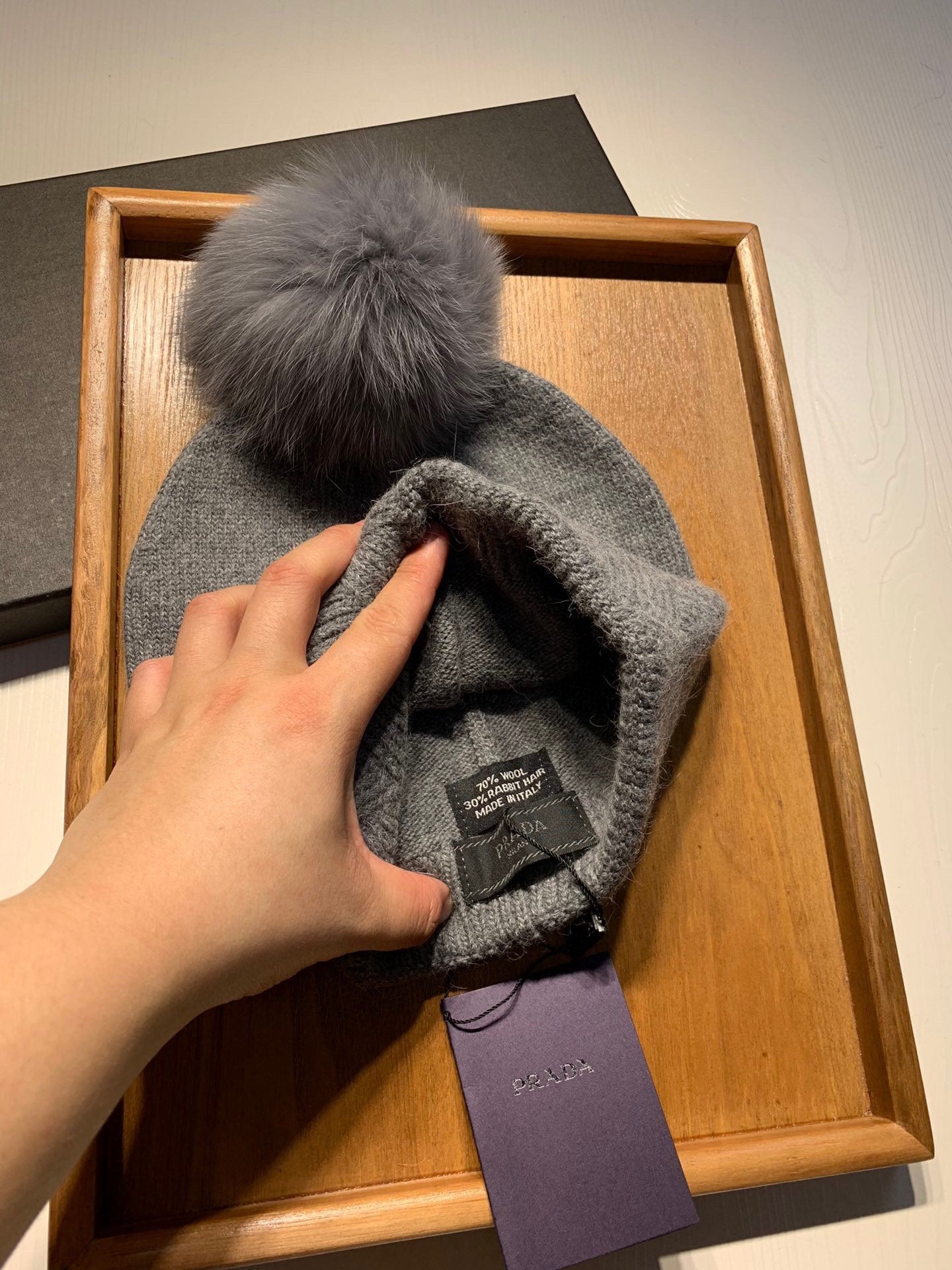 PRADA BEANIE HAT IN DOVE GRAY WOOL AND RABBIT FUR 361434