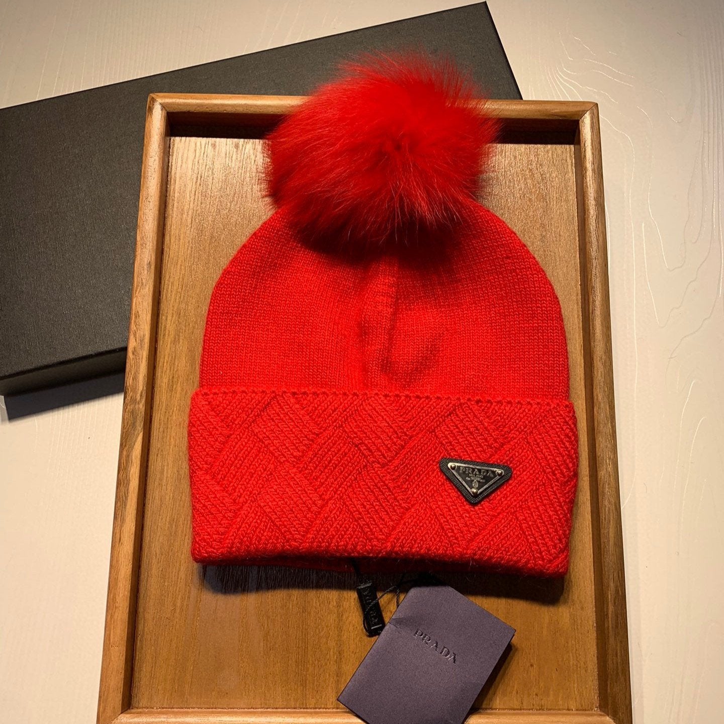 PRADA BEANIE HAT IN CHERRY RED WOOL AND RABBIT FUR 361436