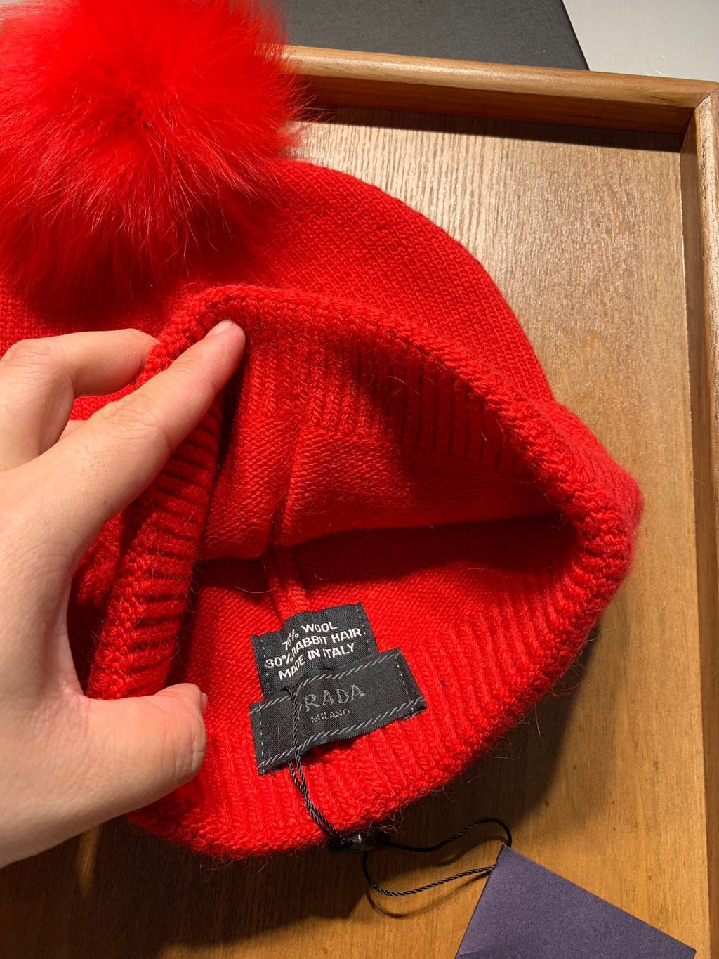 PRADA BEANIE HAT IN CHERRY RED WOOL AND RABBIT FUR 361436