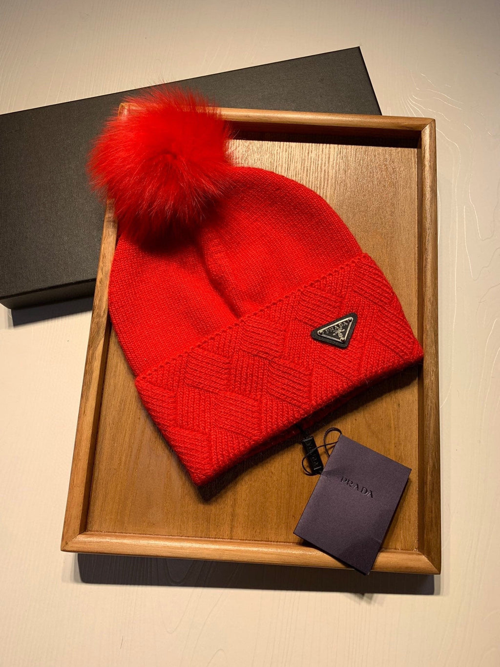 PRADA BEANIE HAT IN CHERRY RED WOOL AND RABBIT FUR 361436