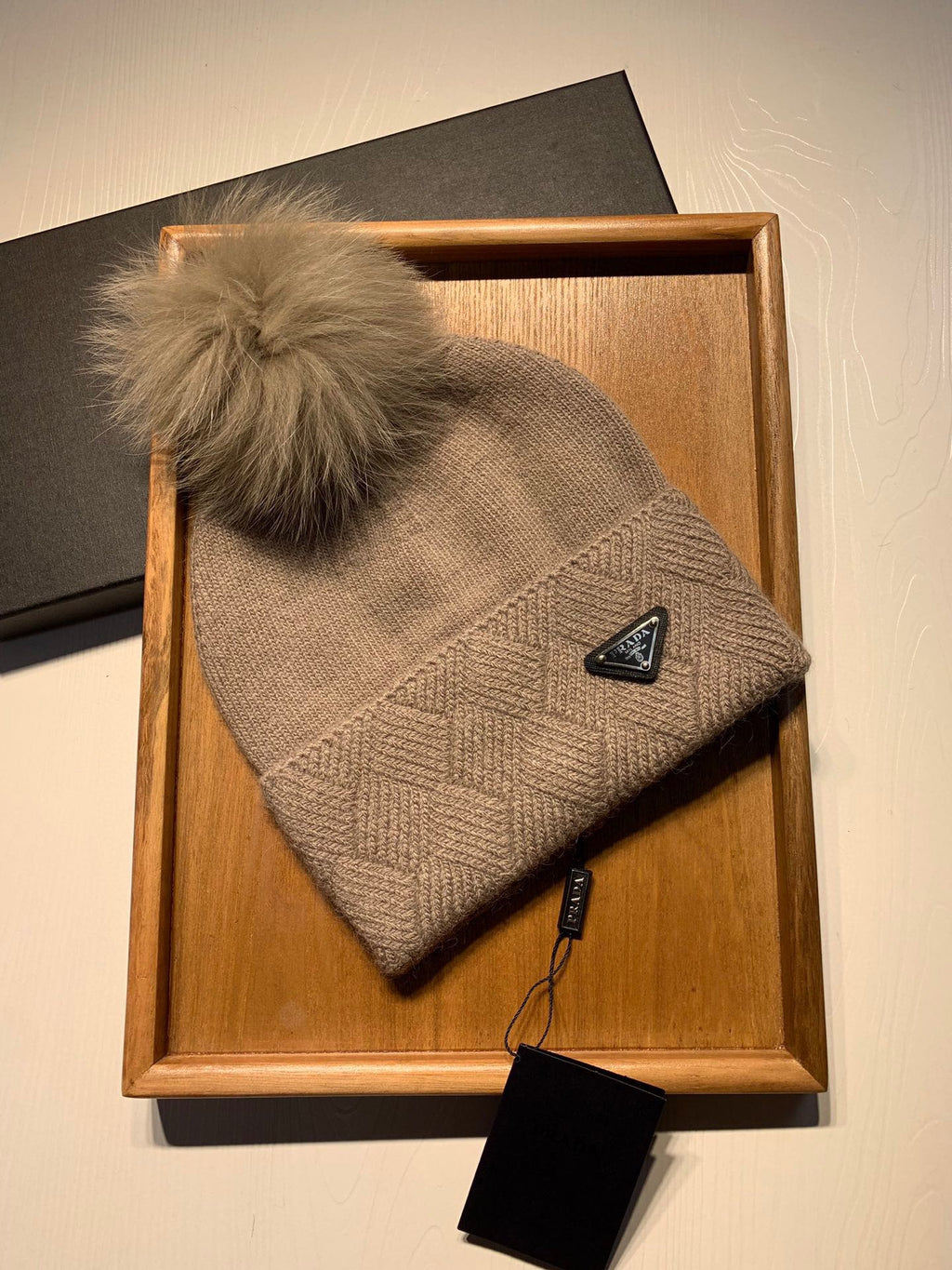PRADA BEANIE HAT IN CAMEL BROWN WOOL AND RABBIT FUR 361437
