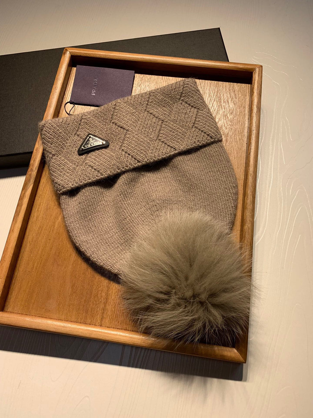PRADA BEANIE HAT IN CAMEL BROWN WOOL AND RABBIT FUR 361437