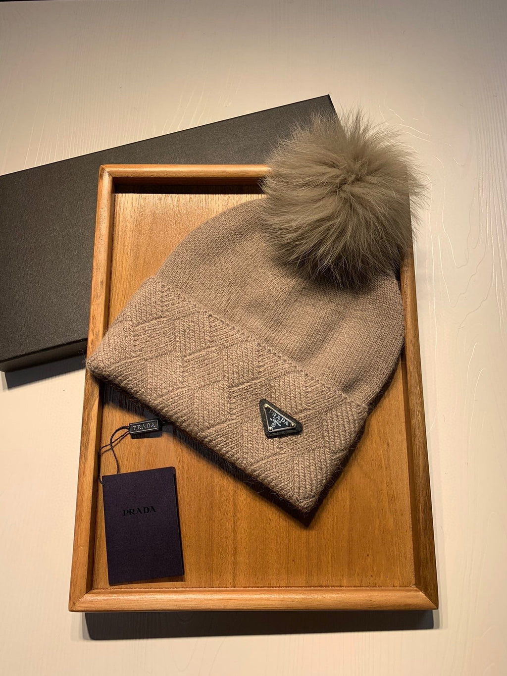 PRADA BEANIE HAT IN CAMEL BROWN WOOL AND RABBIT FUR 361437