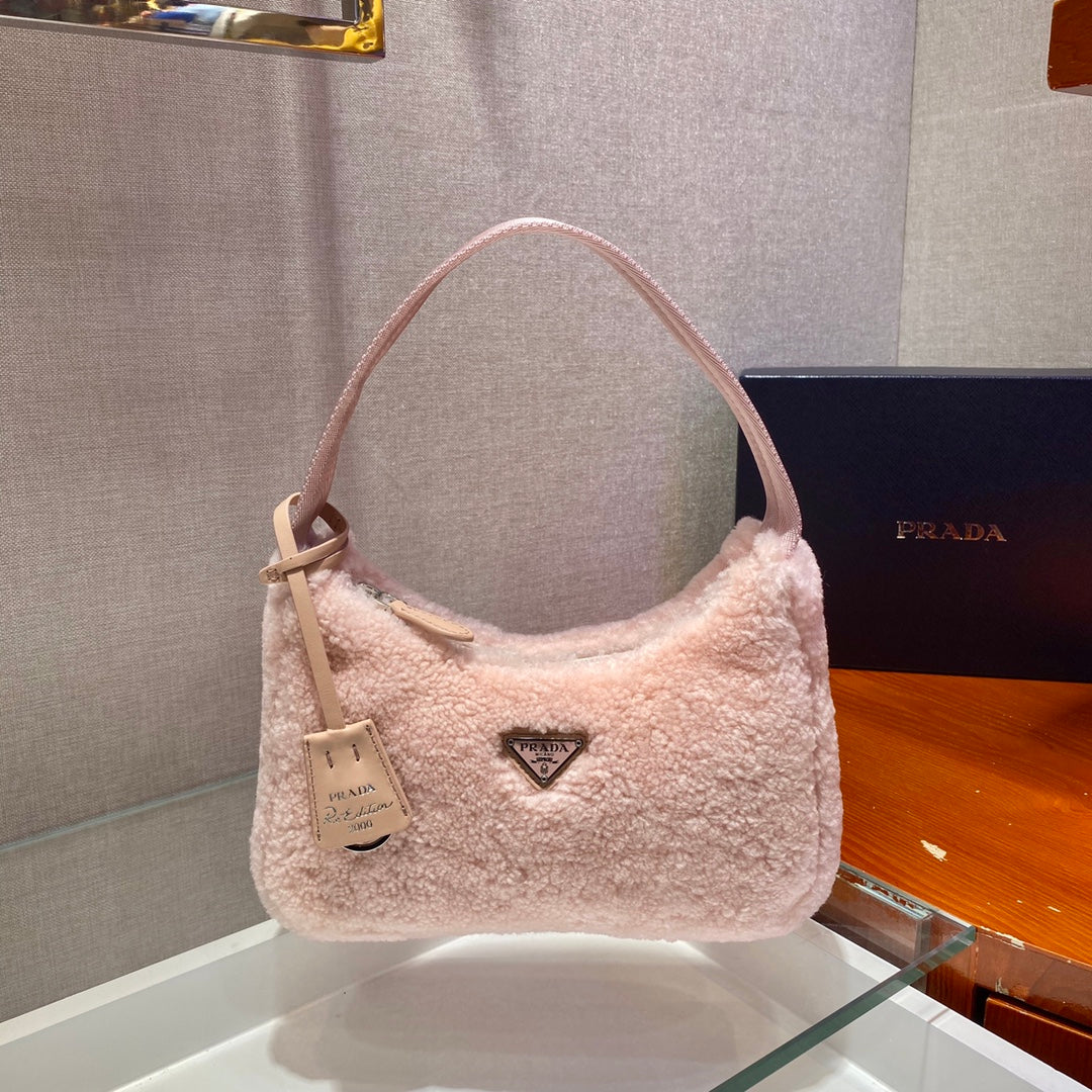PRADA HOBO BAG 23 IN LIGHT PINK SHEARLING