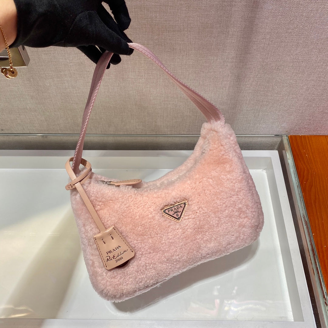 PRADA HOBO BAG 23 IN LIGHT PINK SHEARLING