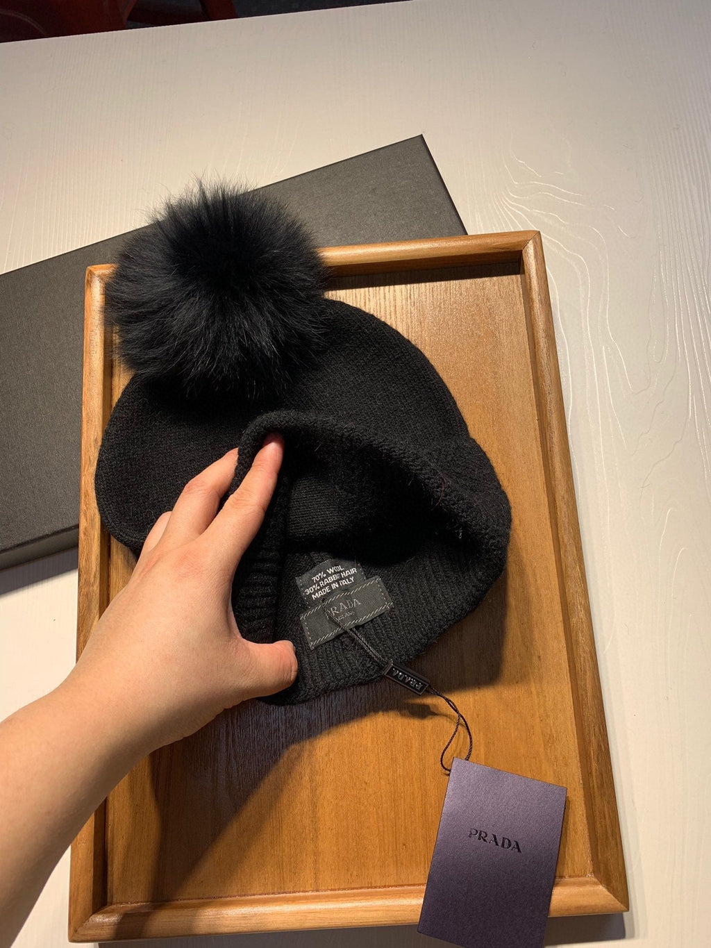 PRADA BEANIE HAT IN BLACK WOOL AND RABBIT FUR 361438