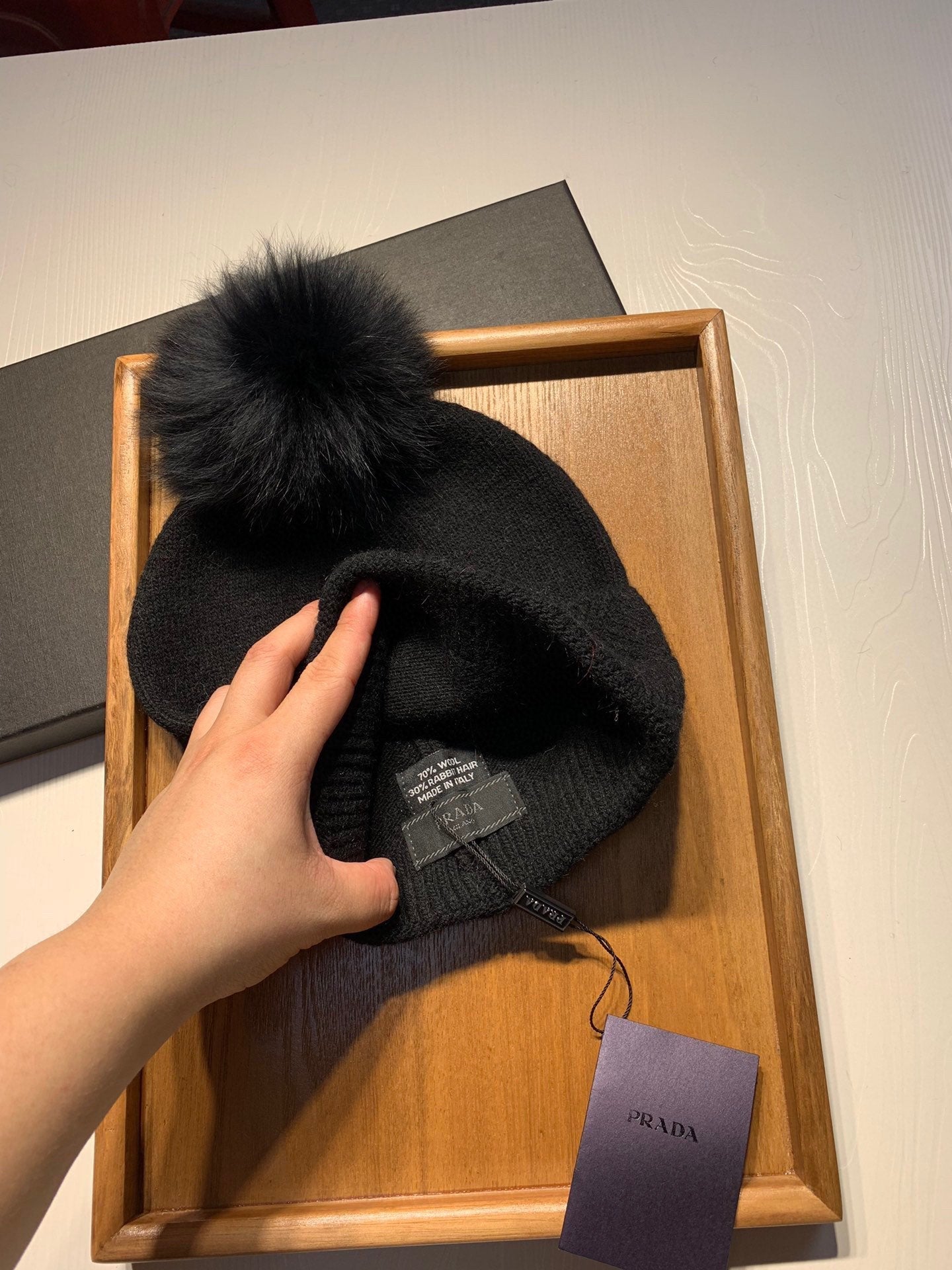 PRADA BEANIE HAT IN BLACK WOOL AND RABBIT FUR 361438