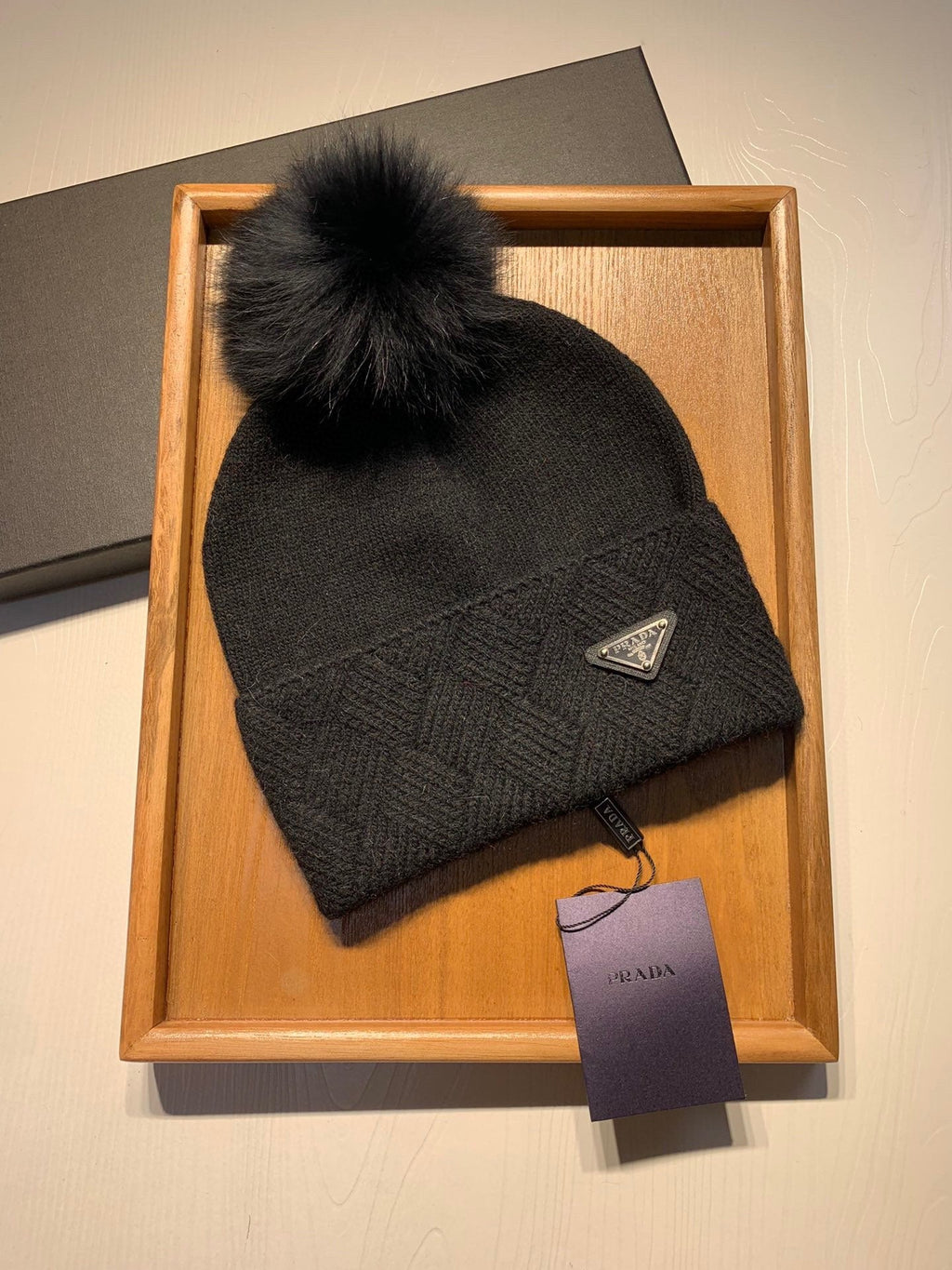 PRADA BEANIE HAT IN BLACK WOOL AND RABBIT FUR 361438
