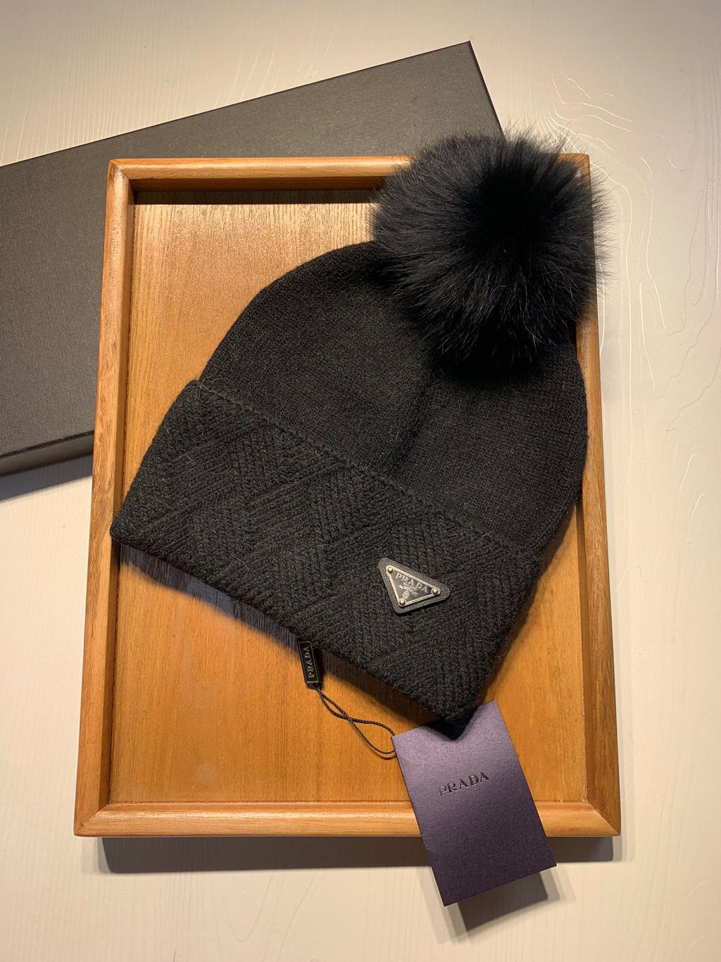 PRADA BEANIE HAT IN BLACK WOOL AND RABBIT FUR 361438