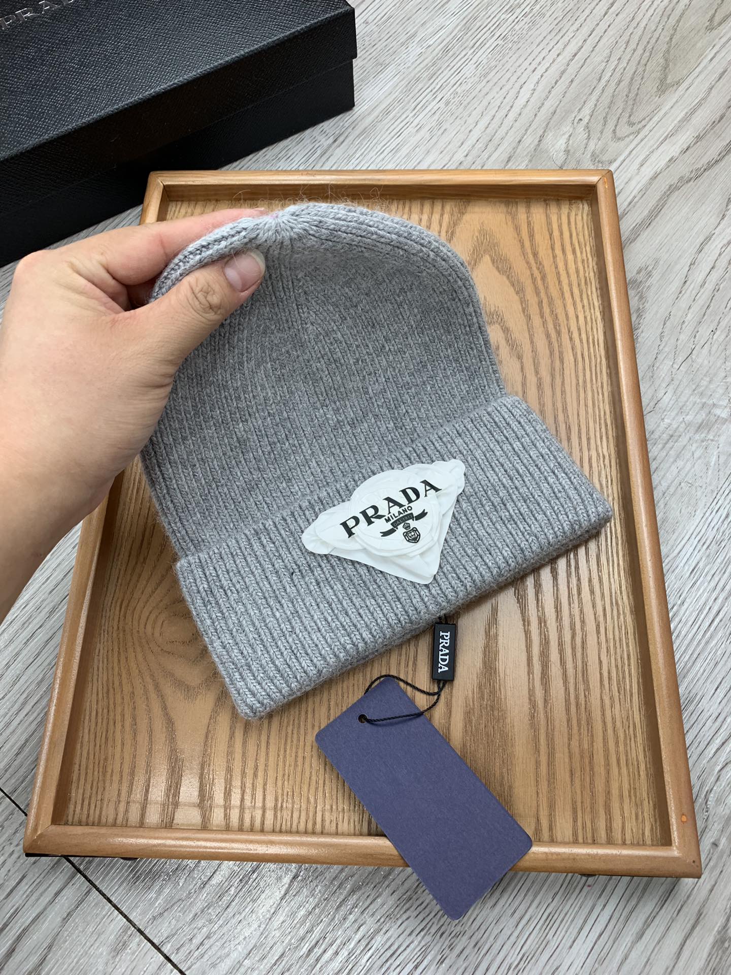 PRADA BEANIE HAT IN PALE GRAY WOOL 431360