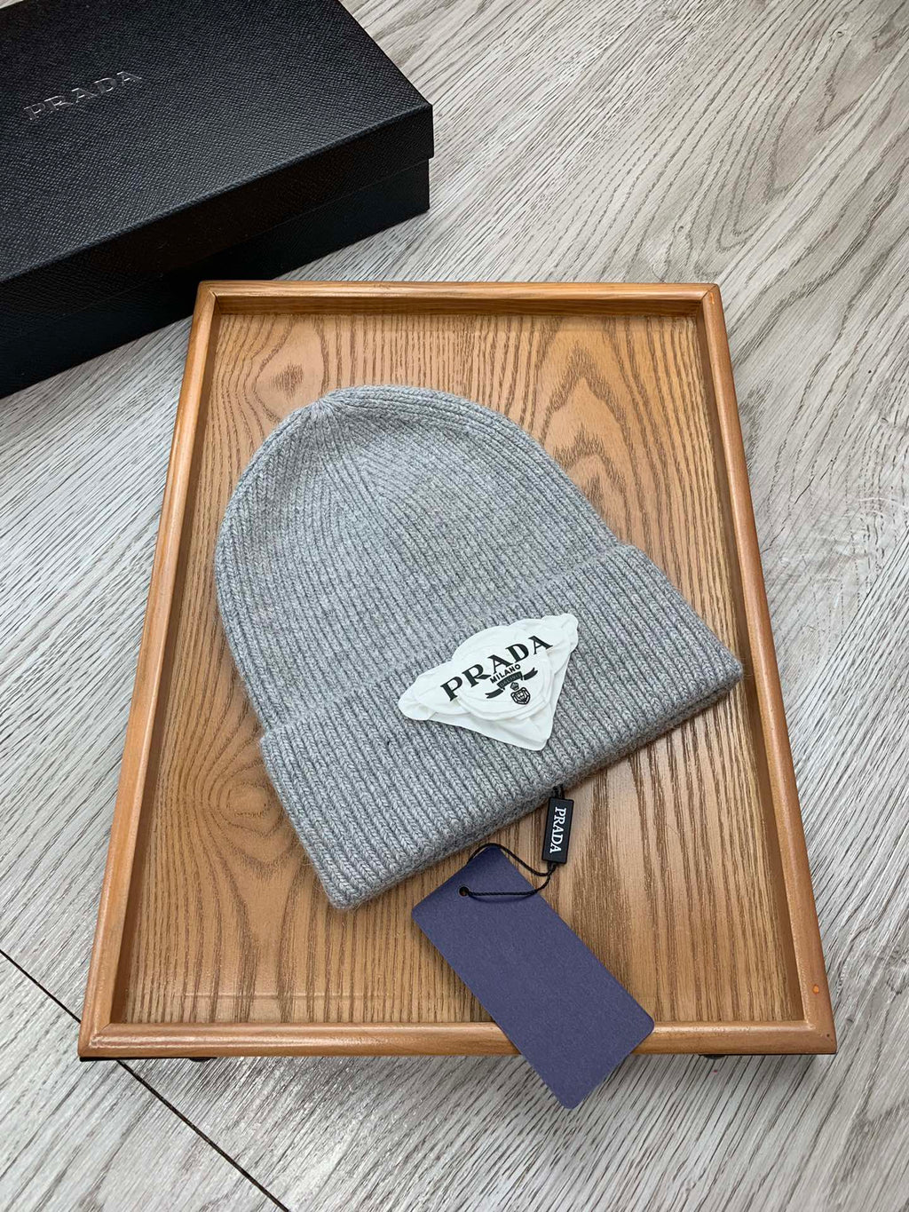PRADA BEANIE HAT IN PALE GRAY WOOL 431360