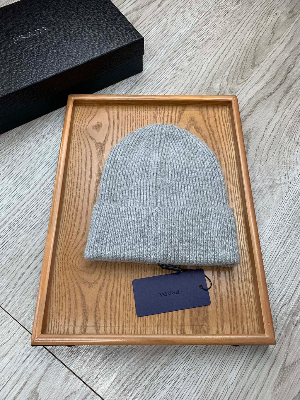 PRADA BEANIE HAT IN PALE GRAY WOOL 431360