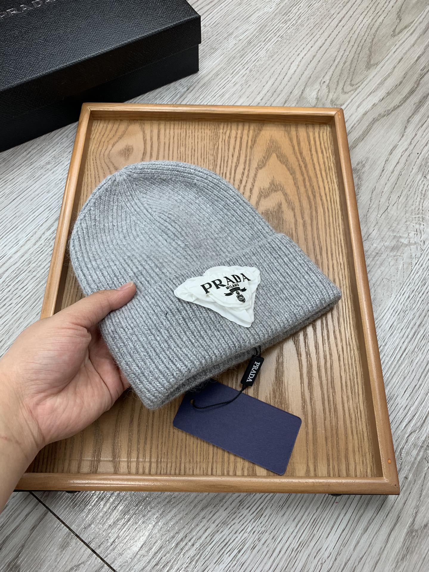 PRADA BEANIE HAT IN PALE GRAY WOOL 431360