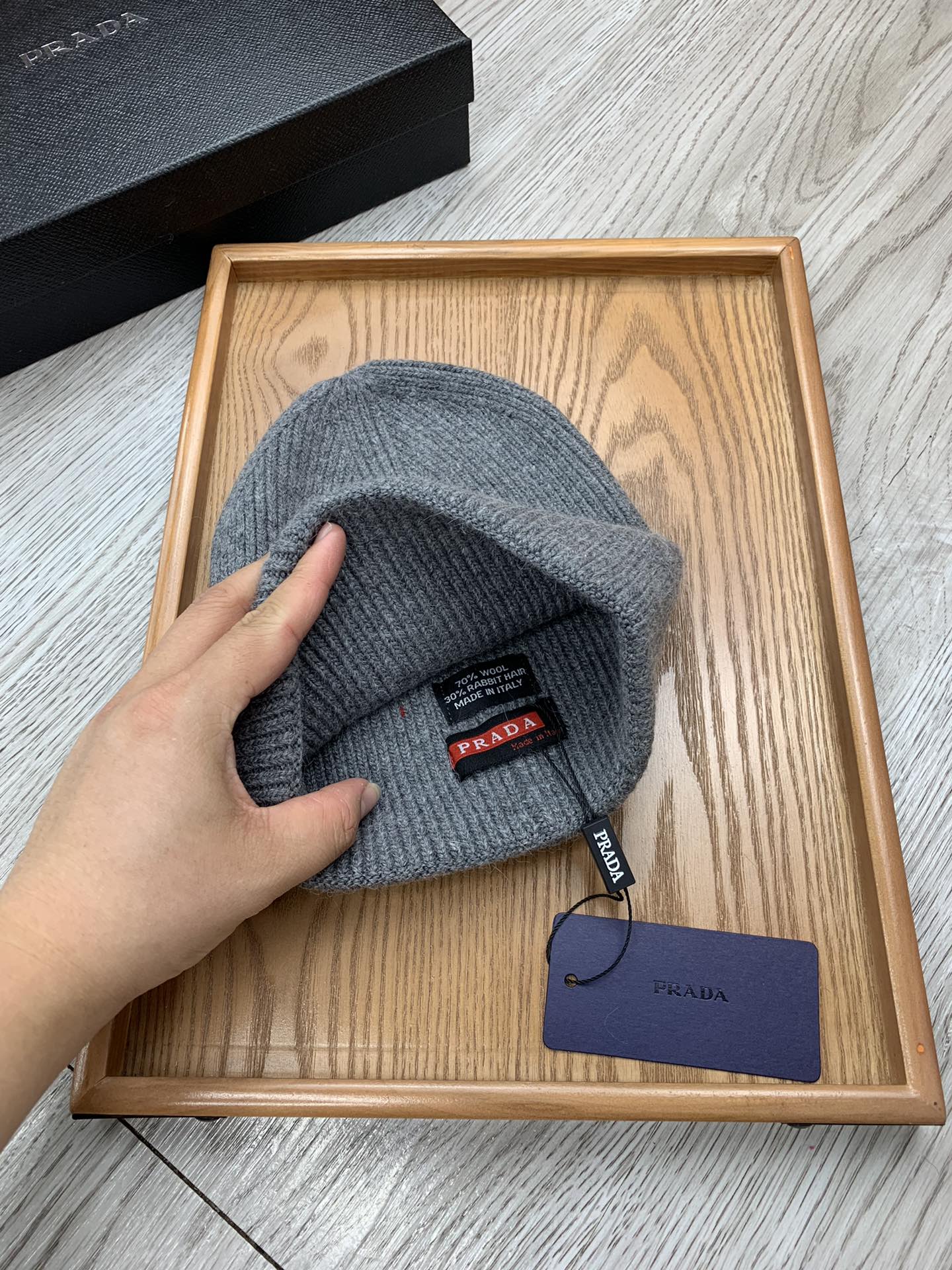 PRADA BEANIE HAT IN RHINO GRAY WOOL 431361