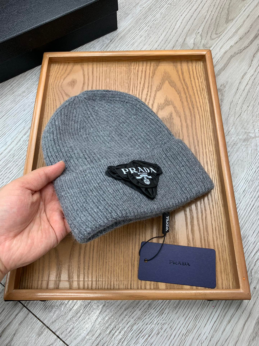 PRADA BEANIE HAT IN RHINO GRAY WOOL 431361