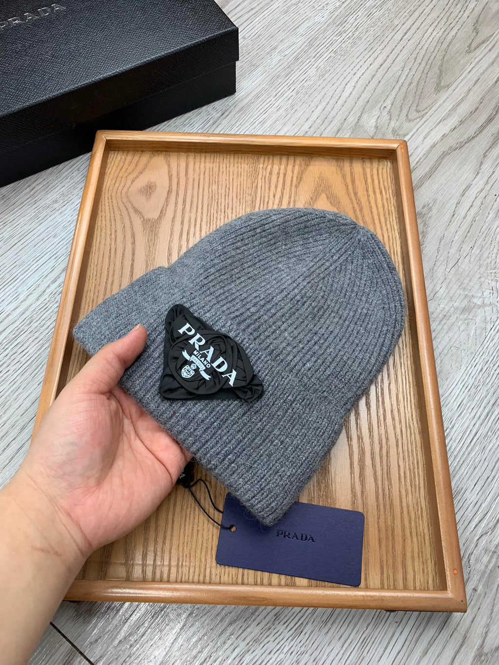 PRADA BEANIE HAT IN RHINO GRAY WOOL 431361