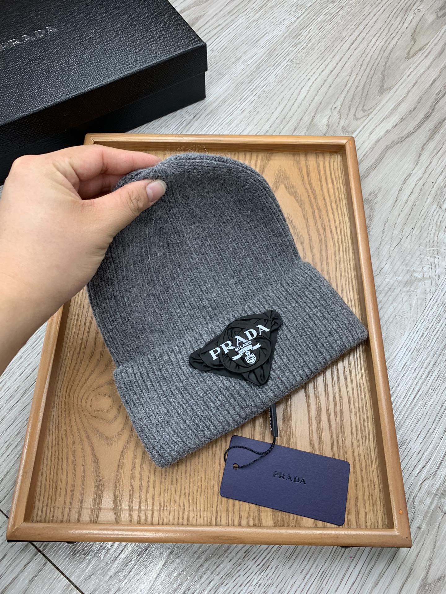 PRADA BEANIE HAT IN RHINO GRAY WOOL 431361
