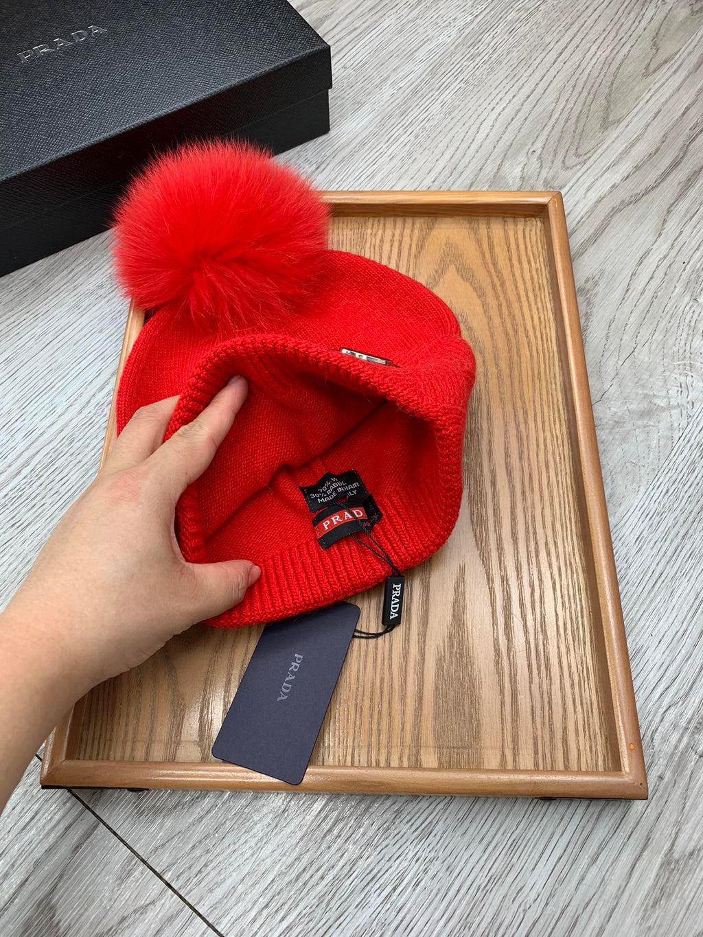 PRADA BEANIE HAT IN CHERRY RED WOOL AND RABBIT FUR 346718