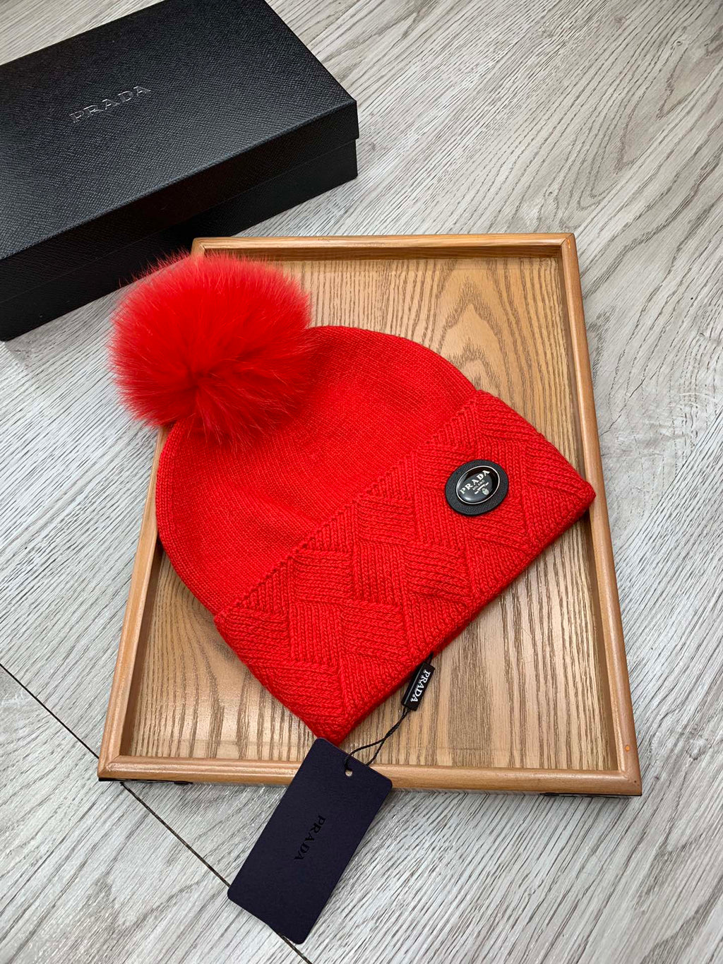 PRADA BEANIE HAT IN CHERRY RED WOOL AND RABBIT FUR 346718