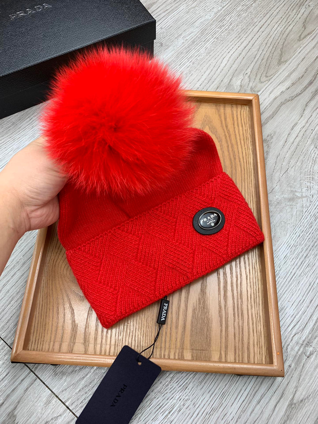 PRADA BEANIE HAT IN CHERRY RED WOOL AND RABBIT FUR 346718