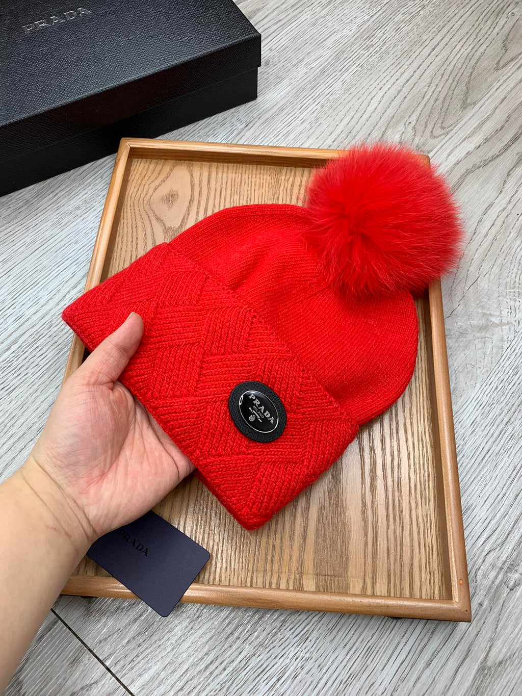 PRADA BEANIE HAT IN CHERRY RED WOOL AND RABBIT FUR 346718