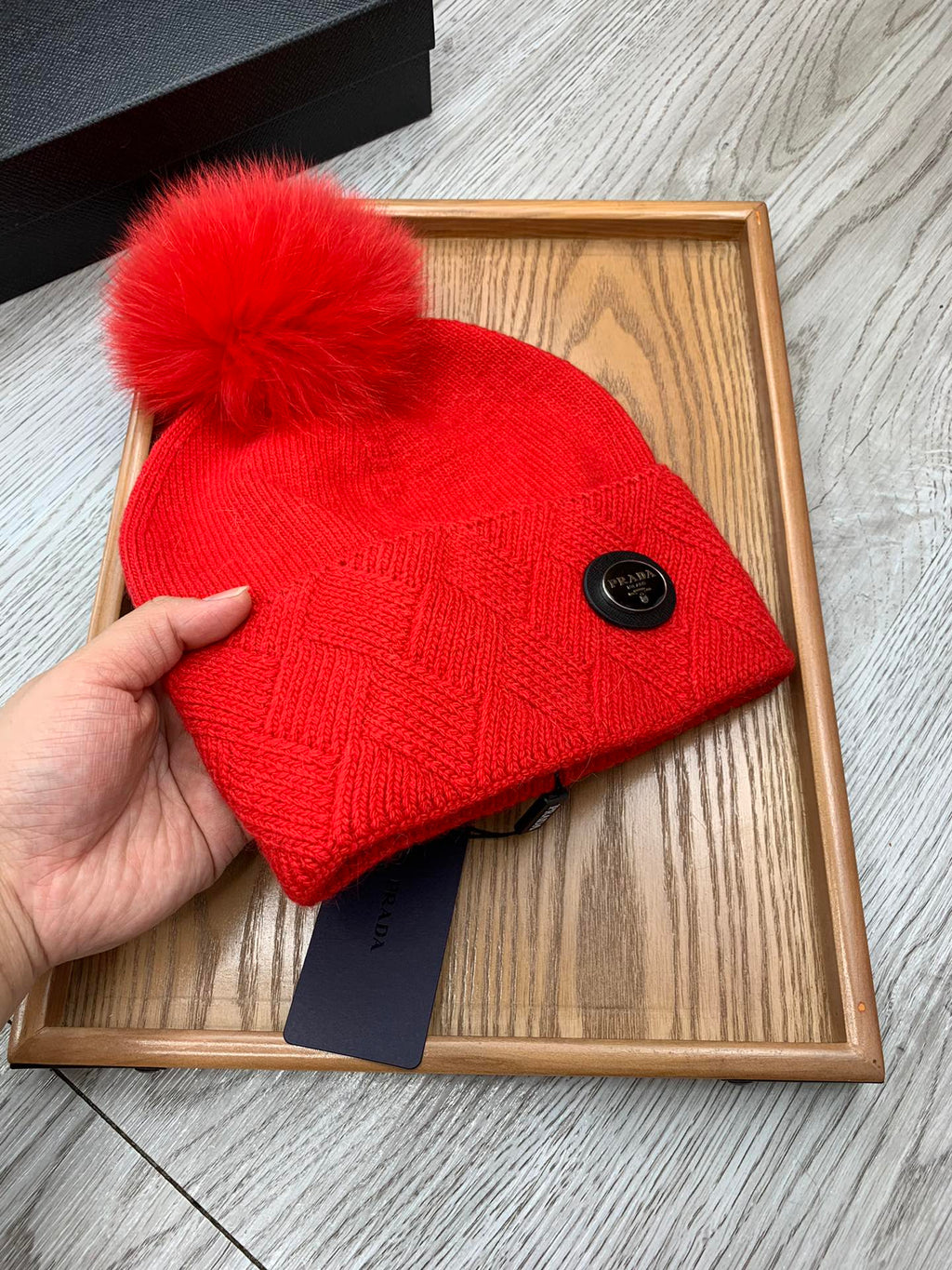 PRADA BEANIE HAT IN CHERRY RED WOOL AND RABBIT FUR 346718