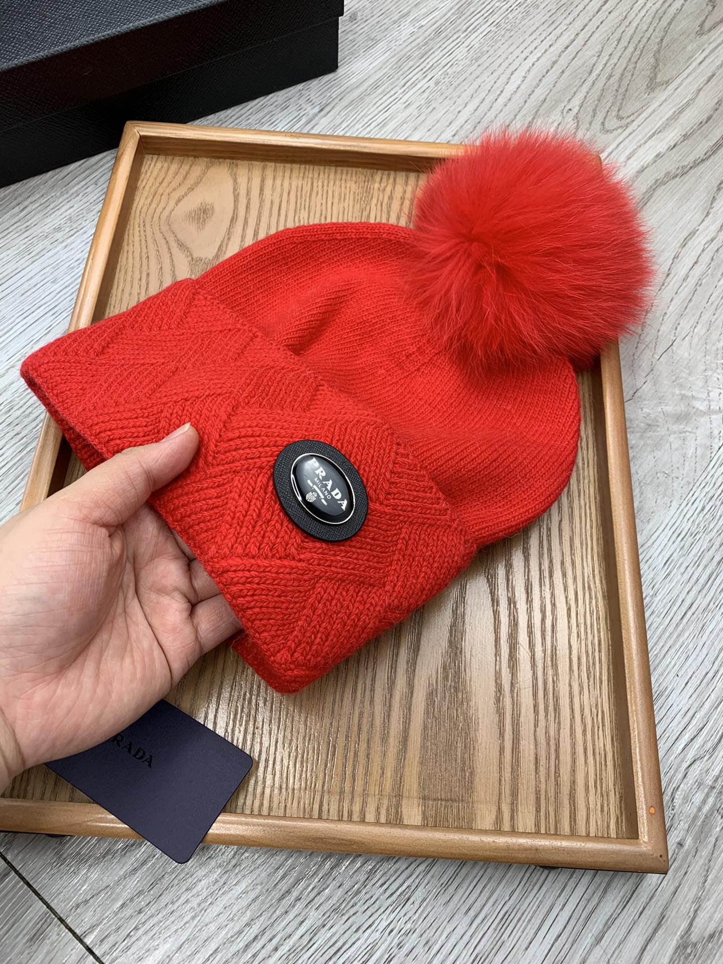 PRADA BEANIE HAT IN CHERRY RED WOOL AND RABBIT FUR 346718
