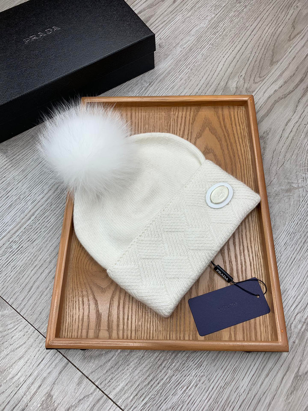 PRADA BEANIE HAT IN WHITE WOOL AND RABBIT FUR 346716