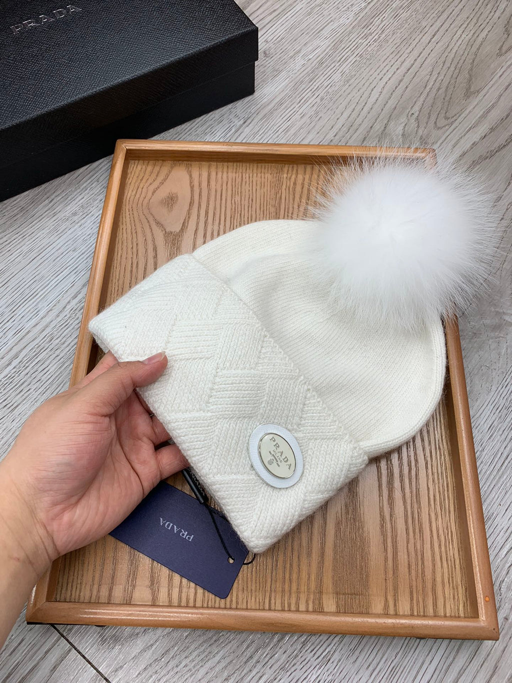 PRADA BEANIE HAT IN WHITE WOOL AND RABBIT FUR 346716