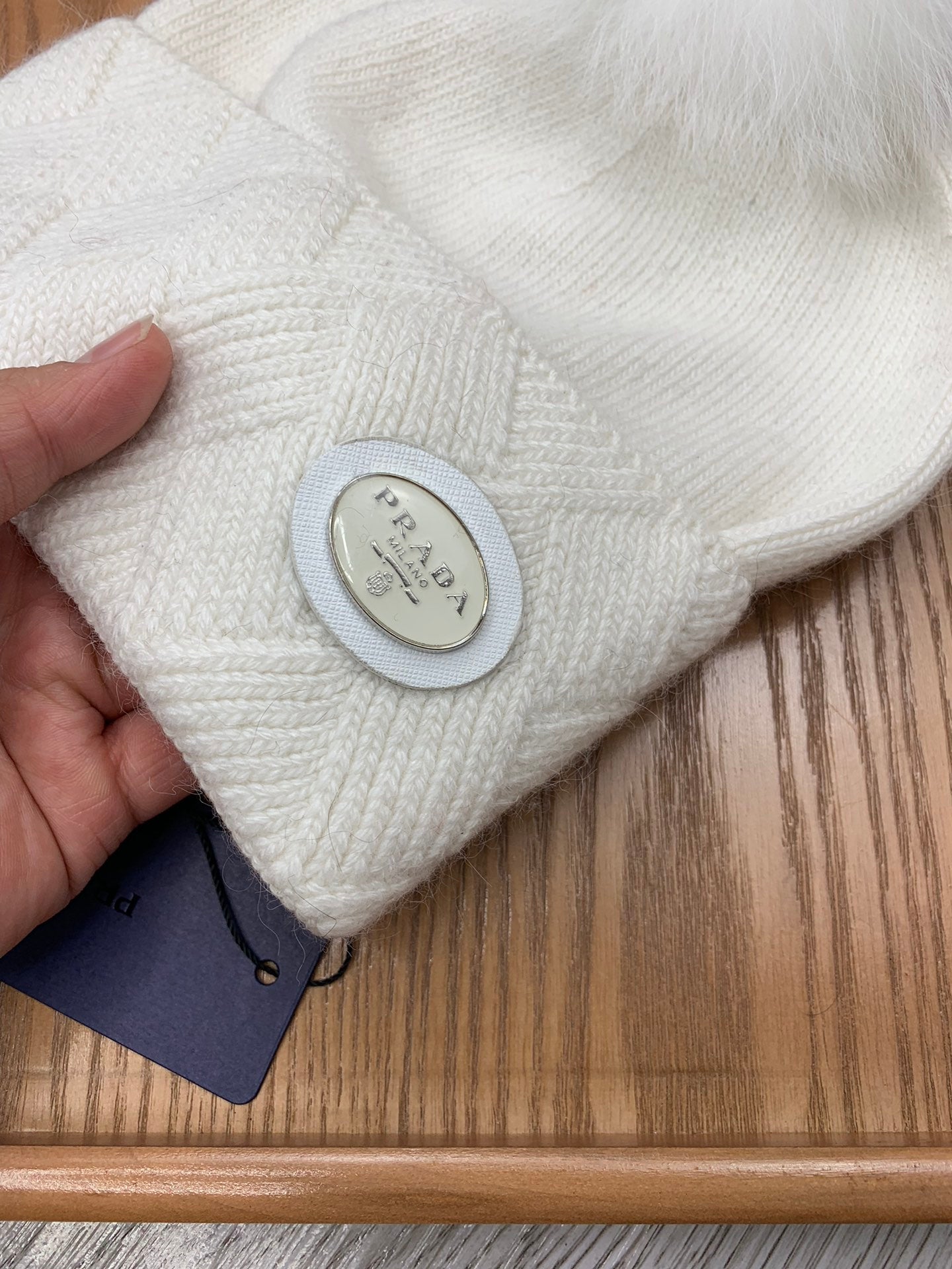PRADA BEANIE HAT IN WHITE WOOL AND RABBIT FUR 346716