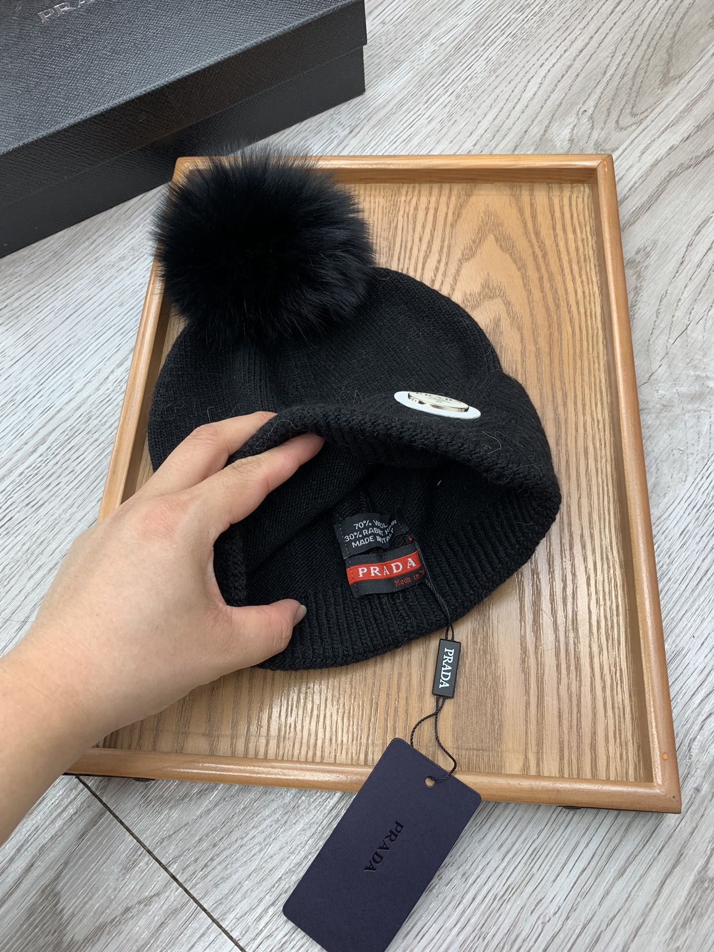 PRADA BEANIE HAT IN BLACK WOOL AND RABBIT FUR 346717