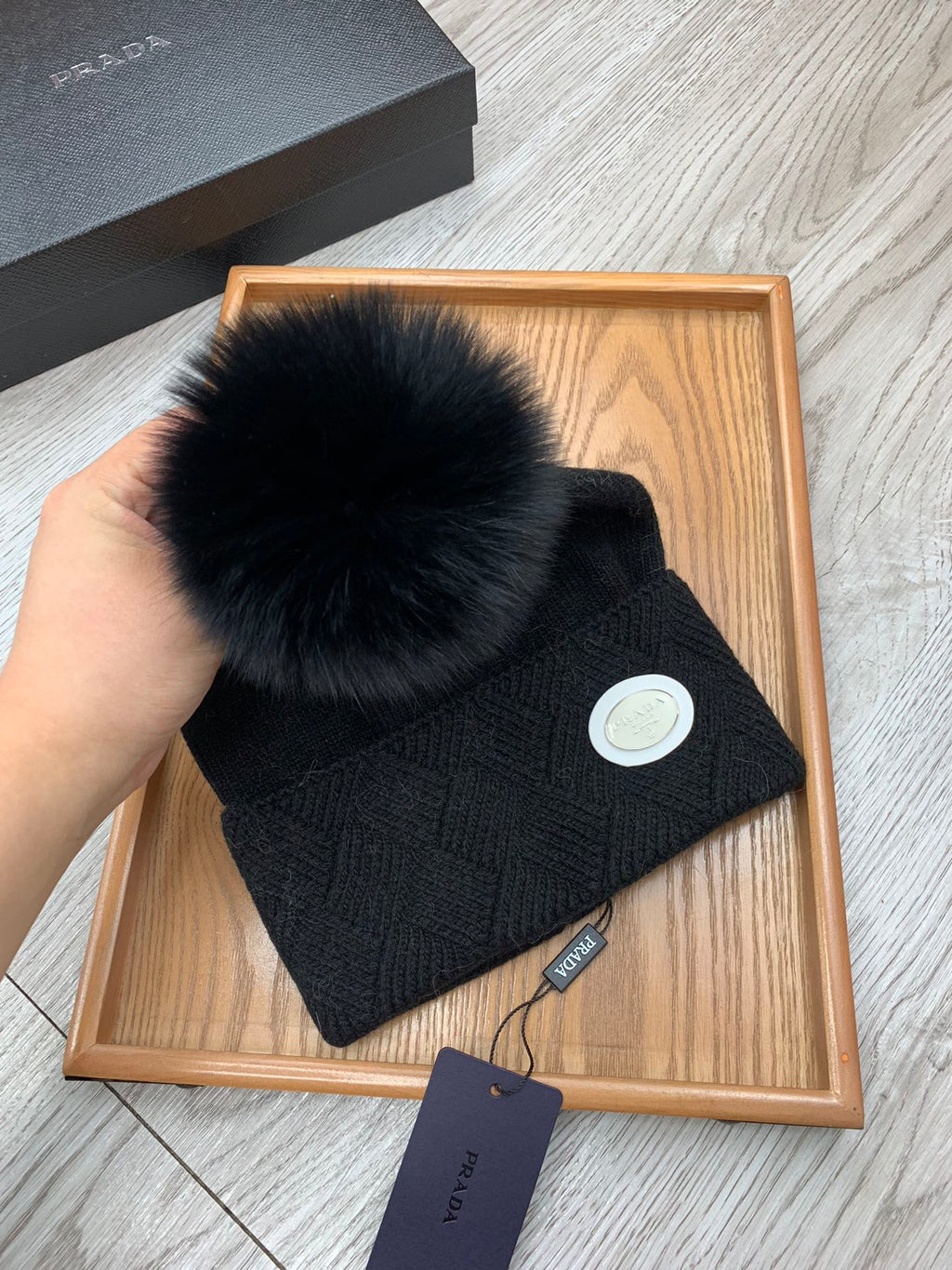 PRADA BEANIE HAT IN BLACK WOOL AND RABBIT FUR 346717