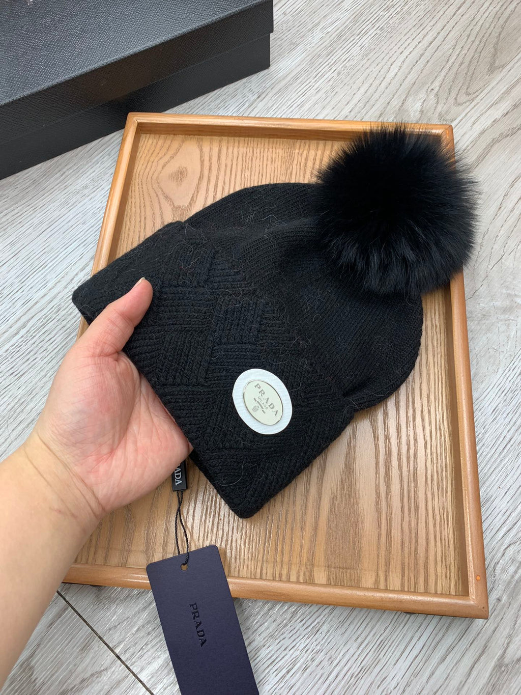 PRADA BEANIE HAT IN BLACK WOOL AND RABBIT FUR 346717
