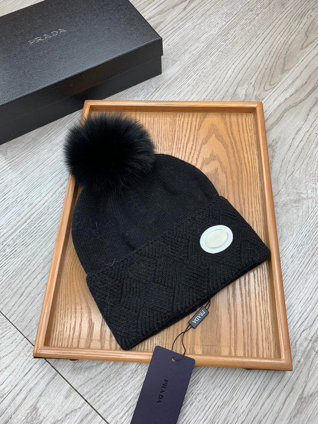 PRADA BEANIE HAT IN BLACK WOOL AND RABBIT FUR 346717