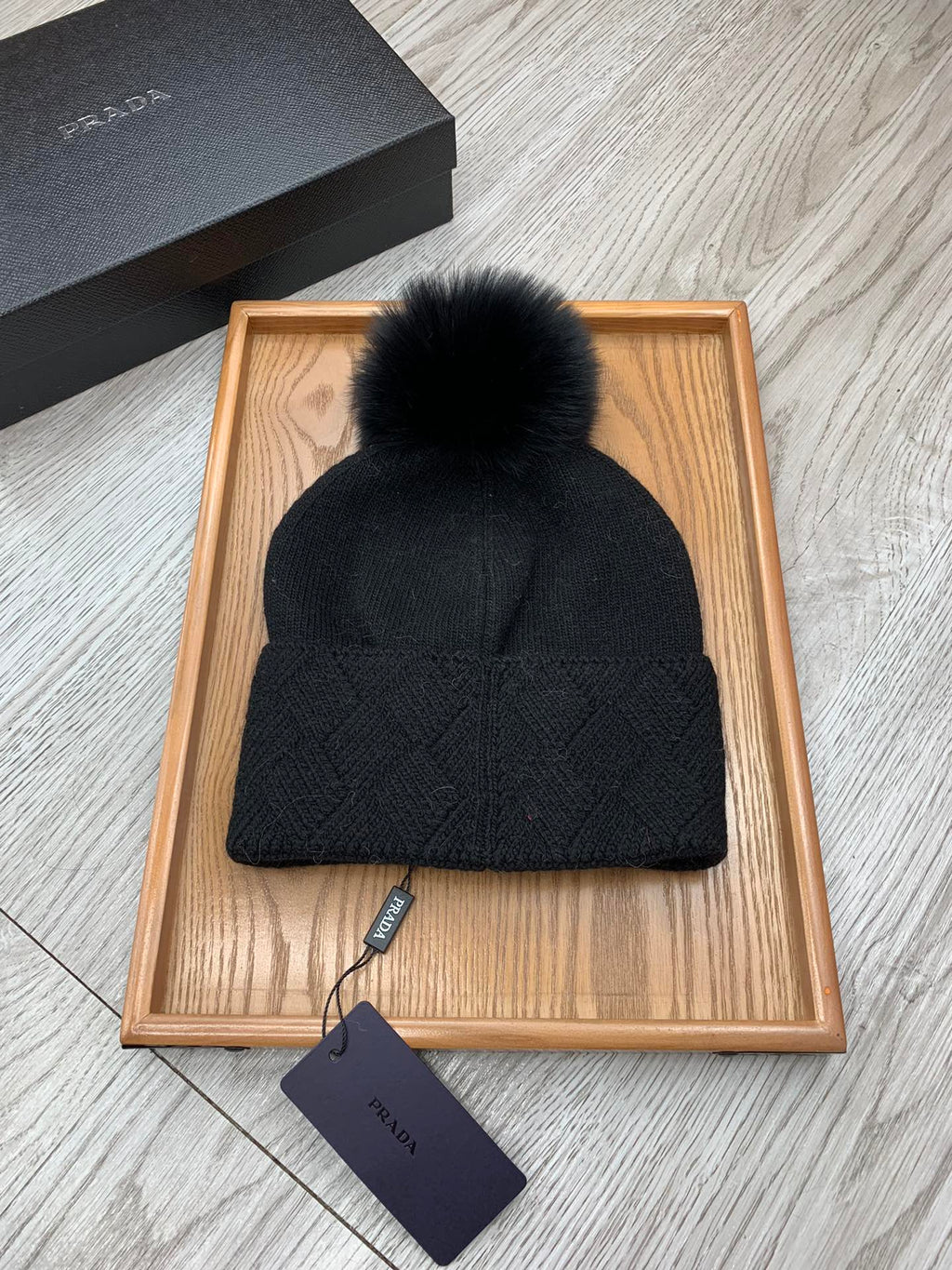 PRADA BEANIE HAT IN BLACK WOOL AND RABBIT FUR 346717