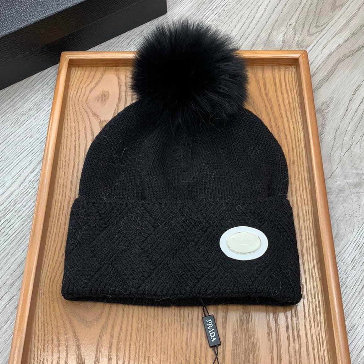PRADA BEANIE HAT IN BLACK WOOL AND RABBIT FUR 346717