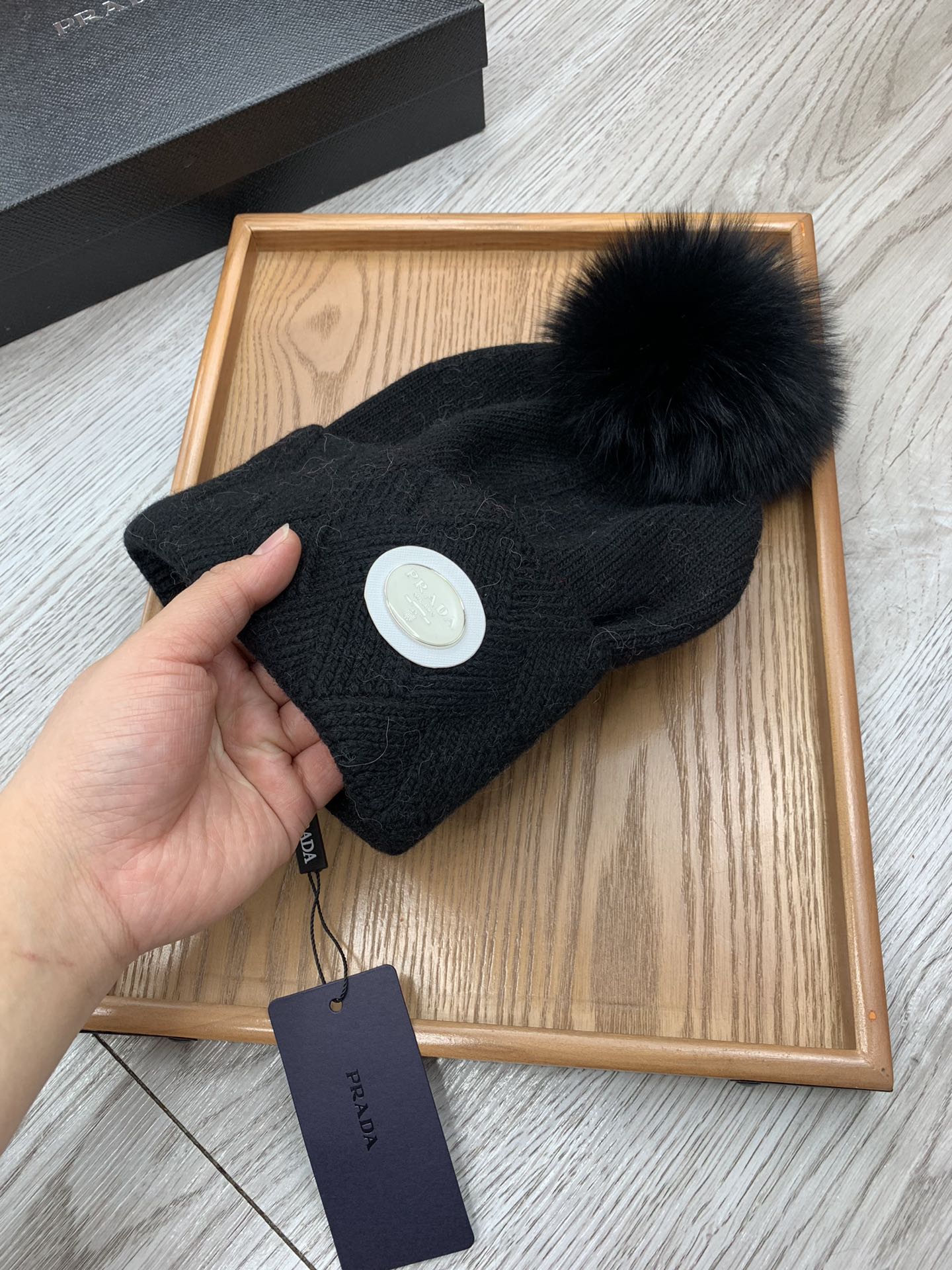 PRADA BEANIE HAT IN BLACK WOOL AND RABBIT FUR 346717